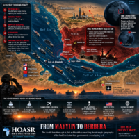 HOASR geopolitical map showing Houthi-controlled Mayyun and Dhubab at Bab el-Mandeb, reported Iranian involvement, Djibouti and Berbera across the Gulf of Aden.