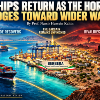 Container ships approach Berbera port in a symbolic HOASR illustration contrasting recovering trade with rising military tensions in the Horn of Africa