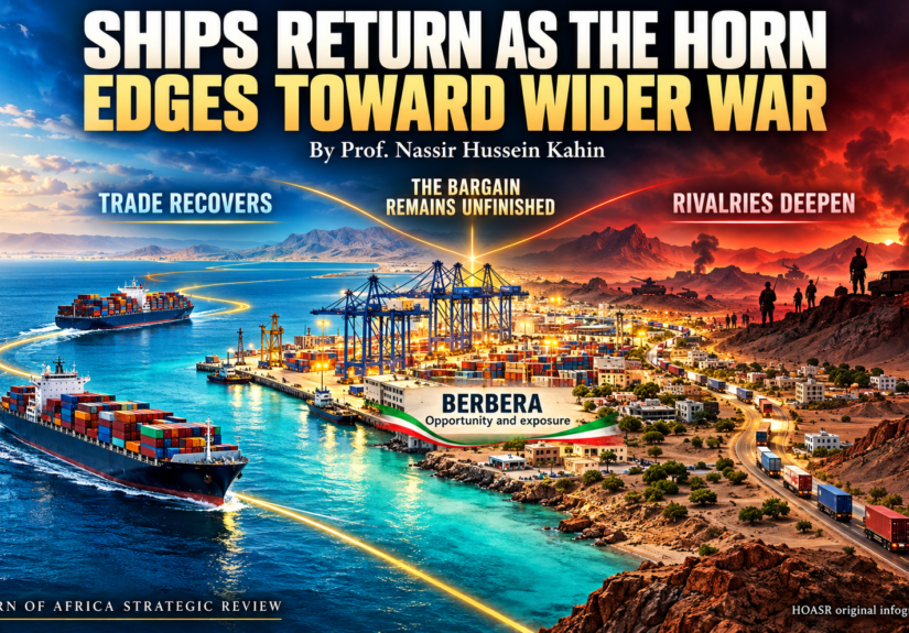 Container ships approach Berbera port in a symbolic HOASR illustration contrasting recovering trade with rising military tensions in the Horn of Africa