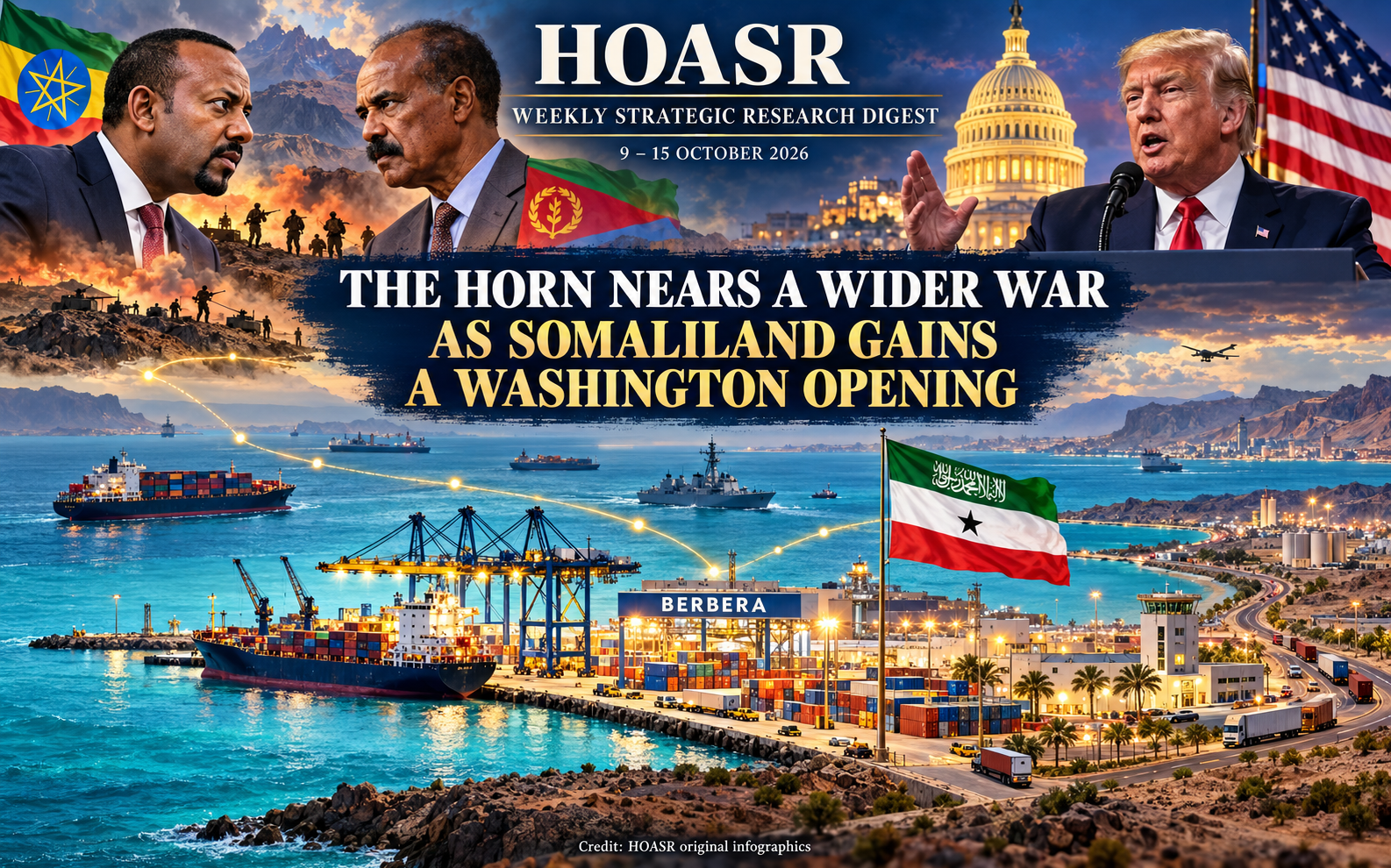 Alt text: HOASR illustration showing Abiy Ahmed, Isaias Afwerki and Donald Trump above Berbera port, linking regional conflict with Somaliland’s Washington opening.