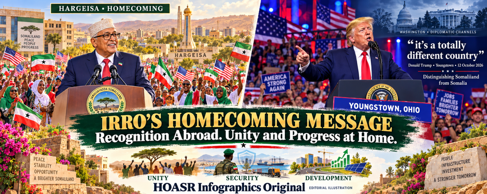 HOASR illustration of President Irro in Hargeisa with flag-waving crowds, alongside Trump at his Youngstown rally and Washington landmarks.