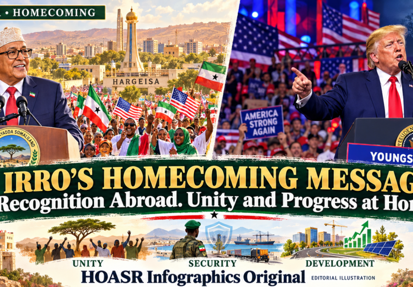 HOASR illustration of President Irro in Hargeisa with flag-waving crowds, alongside Trump at his Youngstown rally and Washington landmarks.
