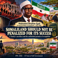 Illustration of Mohamed Ibrahim Egal showing the 1969 coup, imprisonment, family exile and Somaliland’s reconciliation and constitutional rebuilding.