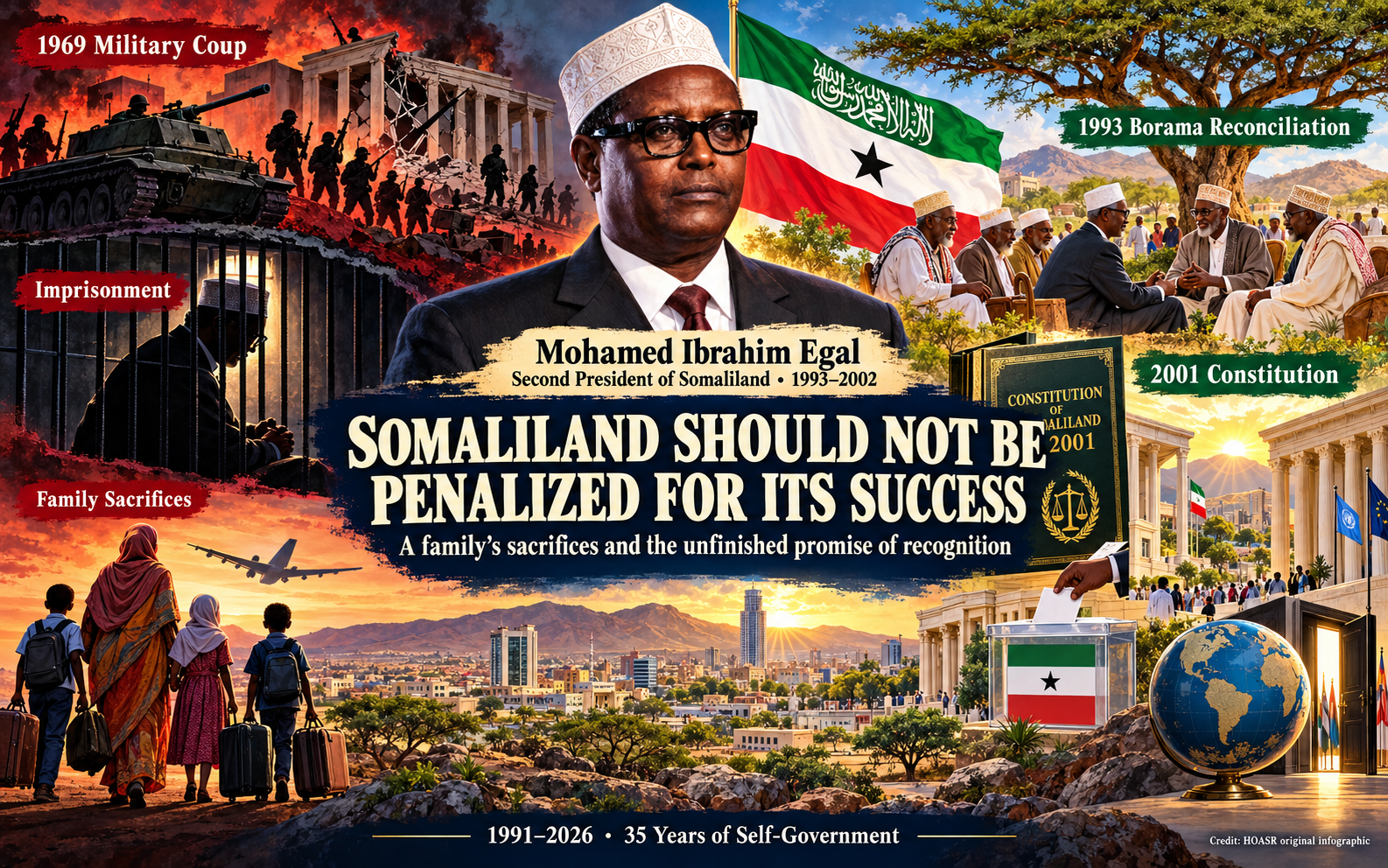 Illustration of Mohamed Ibrahim Egal showing the 1969 coup, imprisonment, family exile and Somaliland’s reconciliation and constitutional rebuilding.