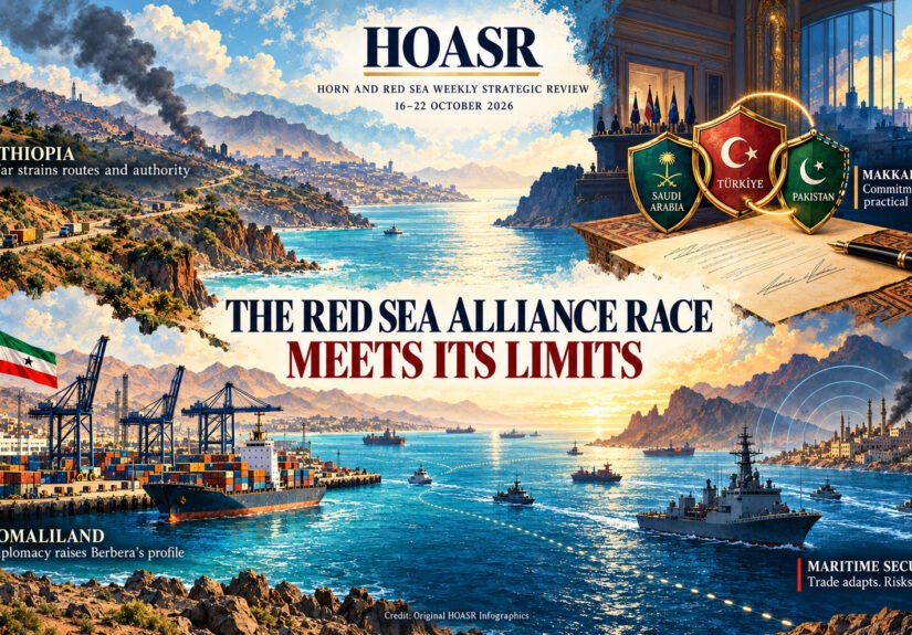 HOASR illustration linking the Makkah Pact, Ethiopia’s war, Somaliland’s Berbera port and Red Sea shipping security.
