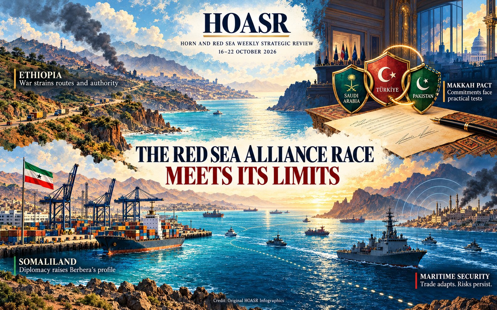 HOASR illustration linking the Makkah Pact, Ethiopia’s war, Somaliland’s Berbera port and Red Sea shipping security.